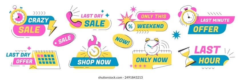 Last time offer badges, one day sales labels with alarm clock, calendar, stopwatch and hourglass icon. Hot price, big sale promo sticker set. Best discount, limited special promotion or closeout deals