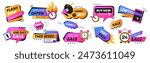 Last time offer badges. Vector set sale promo stickers with alarm clock, calendar, countdown timer and megaphone. Hot sales, special deal, only this week and hurry to buy icons. Discount labels shop.