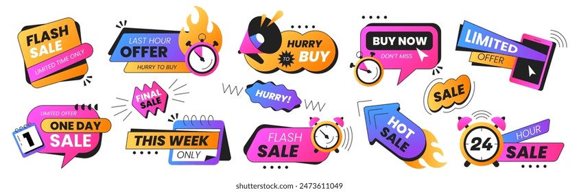 Last time offer badges. Vector set sale promo stickers with alarm clock, calendar, countdown timer and megaphone. Hot sales, special deal, only this week and hurry to buy icons. Discount labels shop.