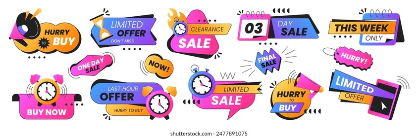 Last time offer badges. Vector set of sale promo stickers with alarm clock, calendar, stopwatch, megaphone. Hot sales, special deal, this week only and buy now icons. Discount labels, final day logos.