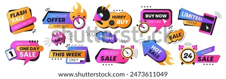 Last time offer badges. Vector set sale promo stickers with alarm clock, calendar, countdown timer and megaphone. Hot sales, special deal, only this week and hurry to buy icons. Discount labels shop.