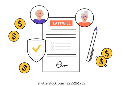 Last weel form paper document. Legal work and lawyer consultation. Death planning for old age people. Testament and inheritance contract. Finance letter, agreement signing flat vector illustration.