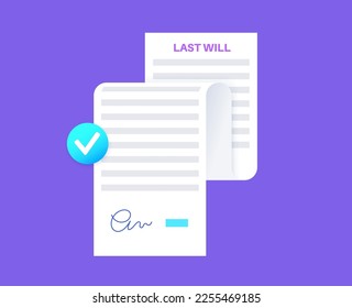 Last weel form paper document. Legal work and lawyer consultation. Death planning for old age people. Testament and inheritance contract. Finance letter, agreement signing flat vector illustration.