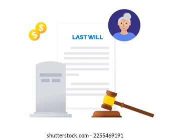 Last weel form paper document. Legal work and lawyer consultation. Death planning for old age people. Testament and inheritance contract. Finance letter, agreement signing flat vector illustration.