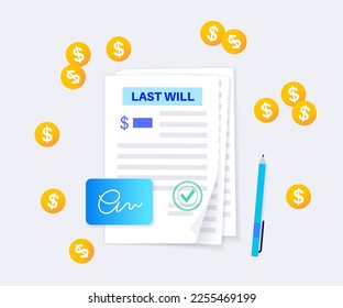 Last weel form paper document. Legal work and lawyer consultation. Death planning for old age people. Testament and inheritance contract. Finance letter, agreement signing flat vector illustration.