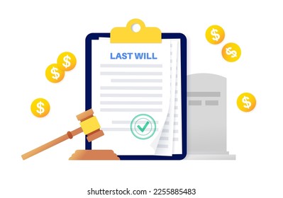 Last weel form paper document. Legal work and lawyer consultation. Death planning for old age people. Testament and inheritance contract. Finance letter, agreement signing flat vector illustration.