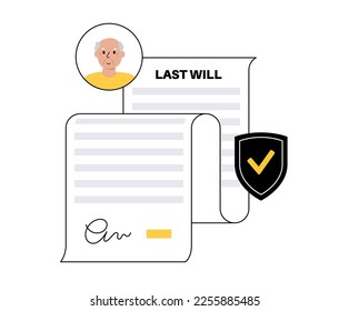 Last weel form paper document. Legal work and lawyer consultation. Death planning for old age people. Testament and inheritance contract. Finance letter, agreement signing flat vector illustration.