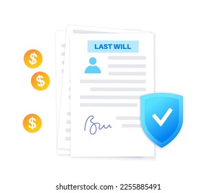 Last weel form paper document. Legal work and lawyer consultation. Death planning for old age people. Testament and inheritance contract. Finance letter, agreement signing flat vector illustration.