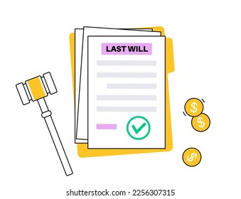 Last weel form paper document. Legal work and lawyer consultation. Death planning for old age people. Testament and inheritance contract. Finance letter, agreement signing flat vector illustration.