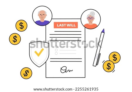 Last weel form paper document. Legal work and lawyer consultation. Death planning for old age people. Testament and inheritance contract. Finance letter, agreement signing flat vector illustration.