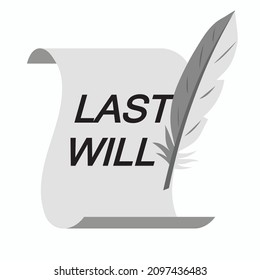 last will on paper and quill or feather in black and white, vector illustration