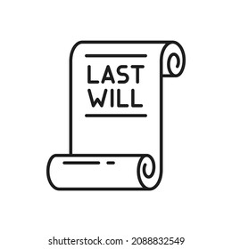 El último testamento y el testamento aislado del documento desplazan el icono de línea delgada. Documento de herencia de vectores, el documento legal expresa los deseos del testador. Voluntad holográfica, testamento notarial autoprobado