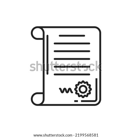 Last will and testament isolated document on scroll outline icon. Vector holographic will, self-proved or notarial testament on scroll. Inheritance paper, will legal document expresses testator wishes Foto stock © 