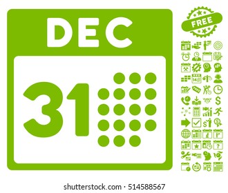 Last Year Day icon with bonus calendar and time management symbols. Vector illustration style is flat iconic symbols, eco green color, white background.