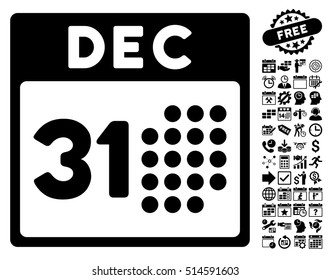 Last Year Day icon with bonus calendar and time management pictogram. Vector illustration style is flat iconic symbols, black color, white background.