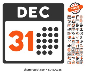 Last Year Day icon with bonus calendar and time management pictograph collection. Vector illustration style is flat iconic bicolor symbols, orange and gray colors, white background.
