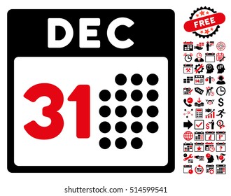Last Year Day pictograph with bonus calendar and time management pictures. Vector illustration style is flat iconic bicolor symbols, intensive red and black colors, white background.