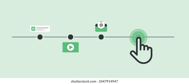 Atribución del último Hacer clic en marketing digital. La estructura simplificada del embudo Pistas el viaje del Cliente, destacando los puntos de contacto clave. Ilustración vectorial con iconos sobre fondo blanco