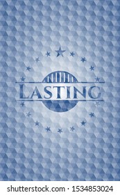Lasting blue badge with geometric background. Vector Illustration. Detailed.