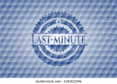 Last-minute blue emblem with geometric pattern.