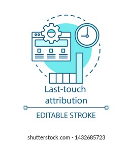 Last-touch attribution blue concept icon. Marketing channel analysis idea thin line illustration. Attribution modeling type. Traffic and conversions.. Vector isolated outline drawing. Editable stroke