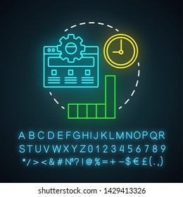 Last-touch attribution neon light icon. Marketing channel analysis. Attribution modeling type. Traffic and conversions. Glowing sign with alphabet, numbers and symbols. Vector isolated illustration