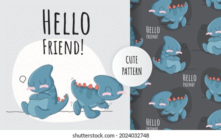 lat cute babies dino collection pattern set. Vector hand-drawn children’s illustration, print, the card with the cute dinosaurs, seamless pattern on a white background.