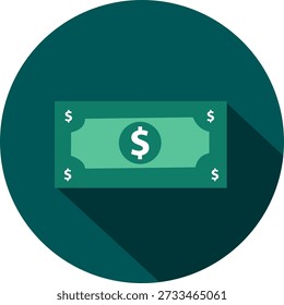 Ícone de nota de dólar de design latino com sombra longa em círculo verde escuro.