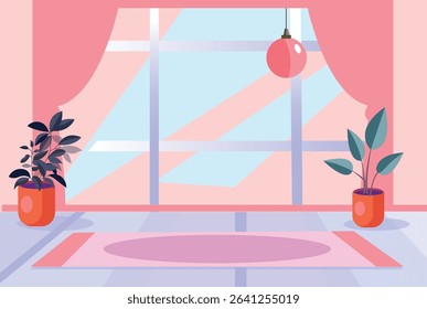 lat graphic style, indoor room with plant background. Concept of home fitness. Vector illustration
