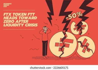 lat illustration concept of Crypto market down: FTX Token or FTT ON Brink of Collapse.  Thunderbolt strikes through FTT token or FTX coins.