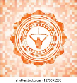 lat pull down, exercise icon inside abstract emblem, orange mosaic background