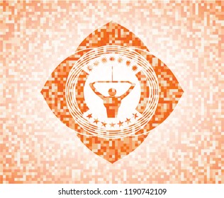 lat pull down, exercise icon inside abstract emblem, orange mosaic background