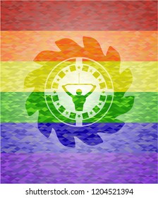 lat pull down, exercise icon inside emblem on mosaic background with the colors of the LGBT flag