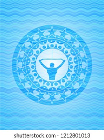 lat pull down, exercise icon inside sky blue water wave badge background.