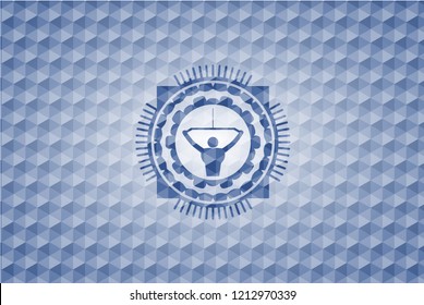 lat pull down, exercise icon inside blue emblem with geometric pattern background.