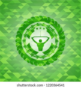 lat pull down, exercise icon inside green emblem with mosaic ecological style background