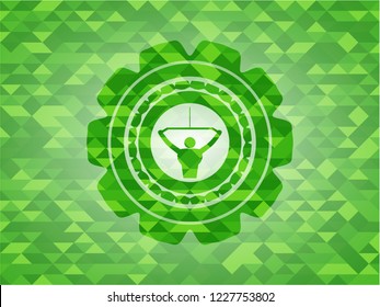 lat pull down, exercise icon inside green emblem with mosaic ecological style background