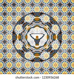 lat pull down, exercise icon inside arabic style badge. Arabesque decoration.