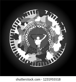 lat pull down, exercise icon inside grey camo emblem