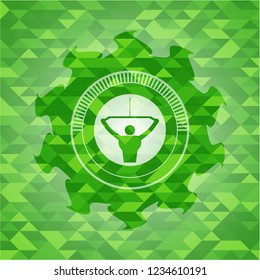 lat pull down, exercise icon inside green emblem with triangle mosaic background