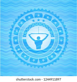 lat pull down, exercise icon inside water wave emblem background.