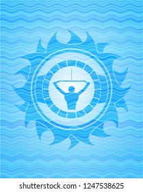 lat pull down, exercise icon inside light blue water style emblem.