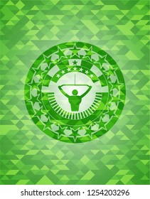 lat pull down, exercise icon inside green emblem with mosaic background