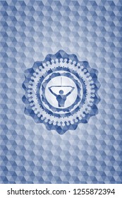lat pull down, exercise icon inside blue emblem or badge with abstract geometric pattern background.