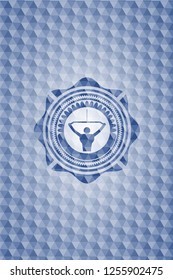 lat pull down, exercise icon inside blue badge with geometric pattern.