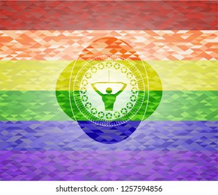 lat pull down, exercise icon inside emblem on mosaic background with the colors of the LGBT flag