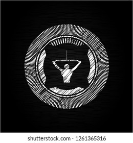 lat pull down, exercise icon inside chalkboard emblem on black board