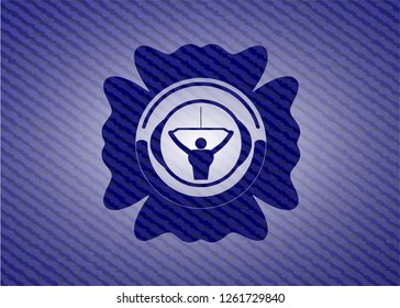 lat pull down, exercise icon inside emblem with jean texture