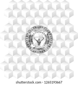 lat pull down, exercise icon inside realistic grey emblem with geometric cube white background