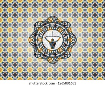 lat pull down, exercise icon inside arabesque style emblem. arabic decoration.